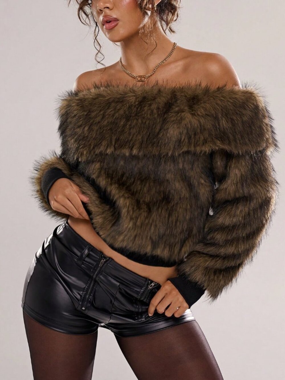 Coffee Brown Women's Faux Fur Off Shoulder Top